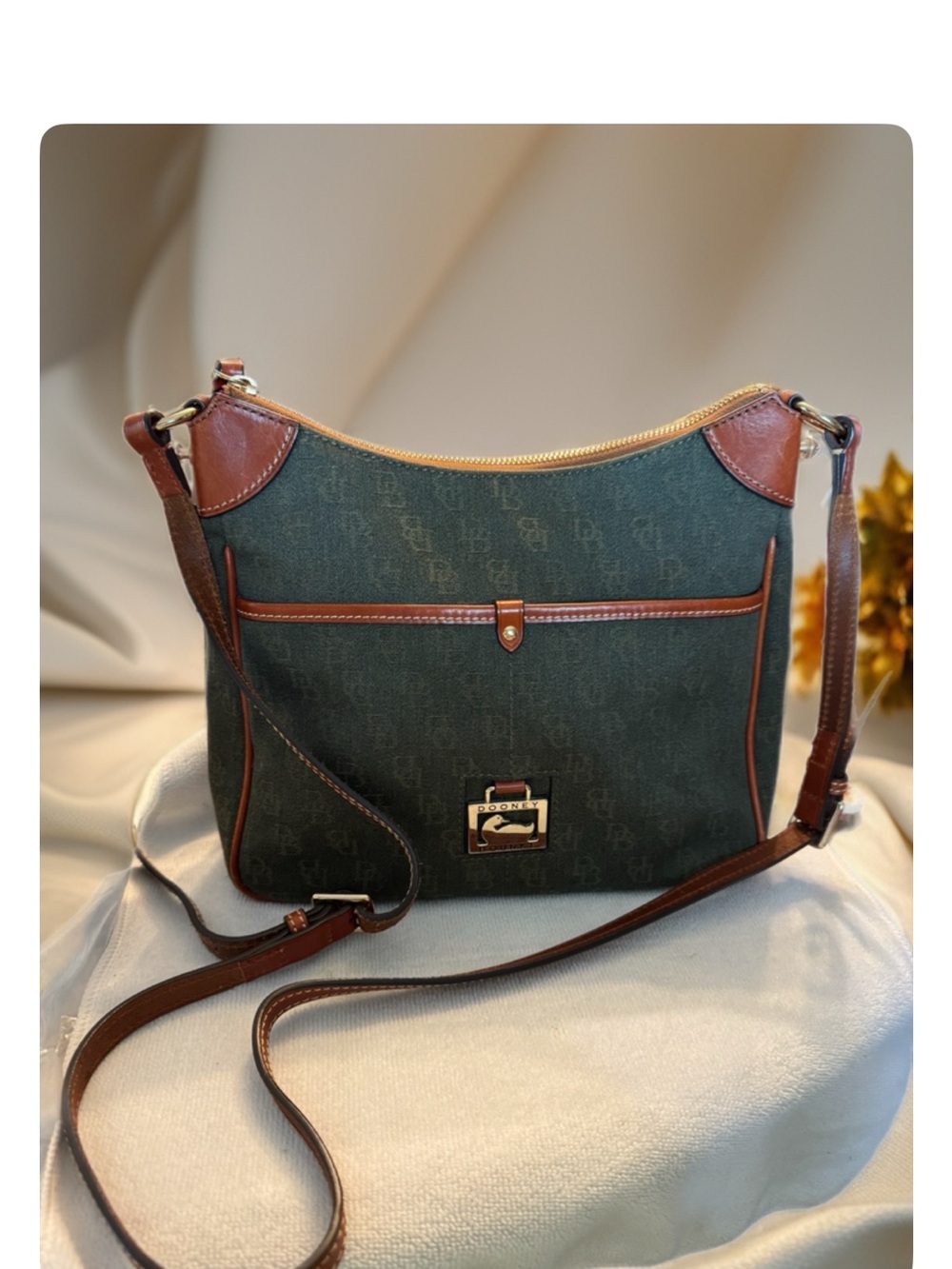 Dooney & Bourke Green Canvas Crossbody with Brown Leather Trim